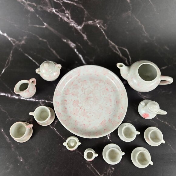 Porcelain Miniature Tea Set White Pink 21 Pieces Display Only Not a Toy - Picture 2 of 12